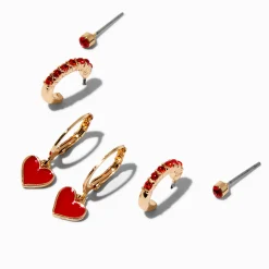 Boucles d’oreilles superposables aux designs variés strass et cœurs rouges - Lot de 3