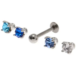 Boucles d'oreilles à arrière plat pour piercing tragus avec embouts interchangeables en zircon cubique 1,2 mm bleu en acier inoxydable - Lot de 5