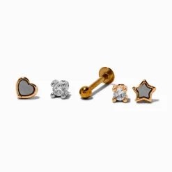 Boucles d'oreilles à arrière plat 1,0 mm pour piercing tragus avec embouts interchangeables étoile, cœur et clou en zircon cubique en acier inoxydable et métaux mixtes - Lot de 5