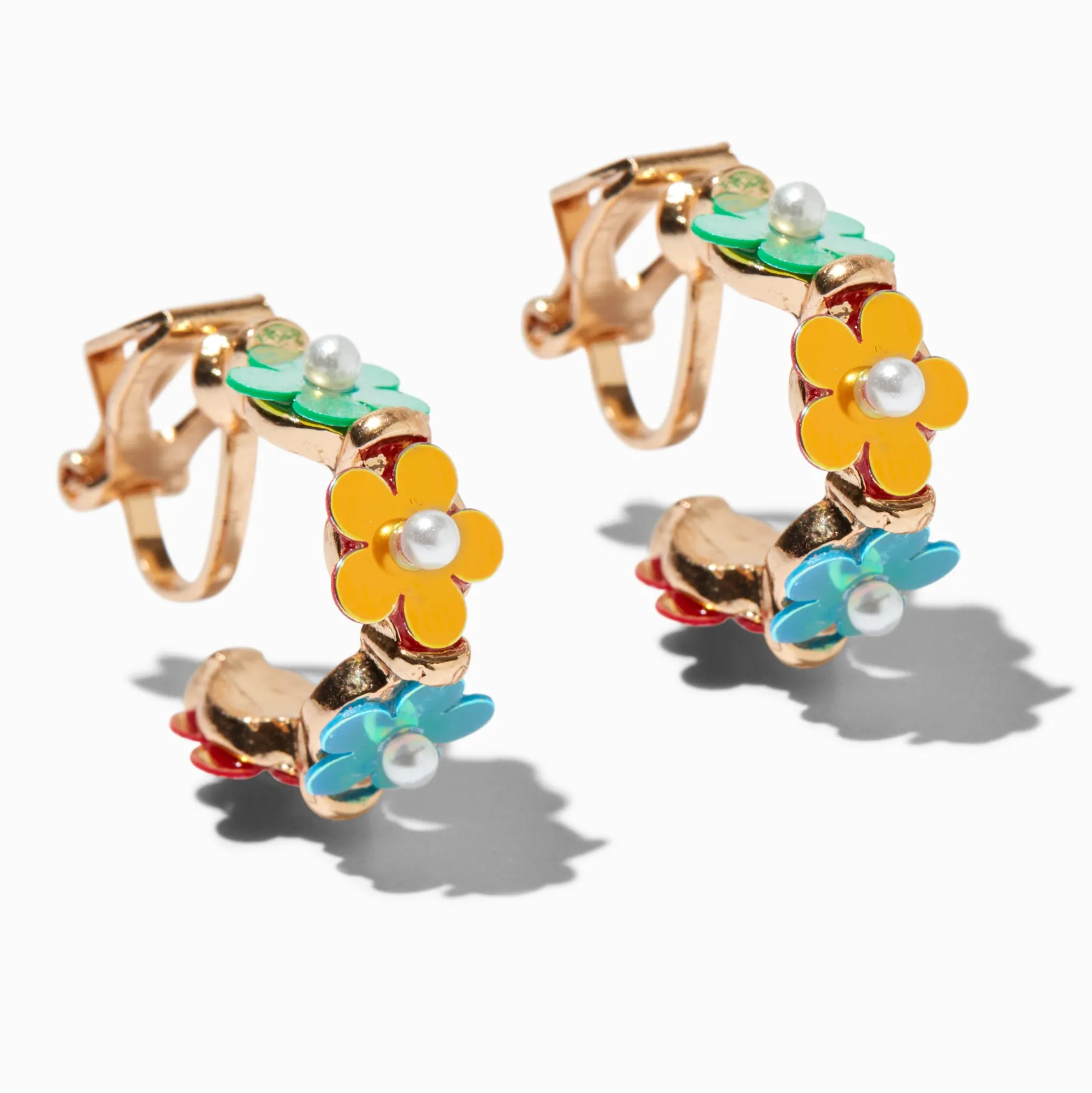 Boucles d'oreilles à clip créoles fleurs en perles d'imitation