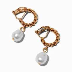 Boucles d'oreilles à clip anneau torsadé couleur dorée et perle d'imitation