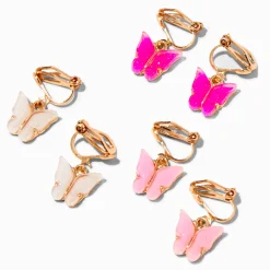 Boucles d'oreilles à clip couleur dorée papillons phosphorescents roses - Lot de 3