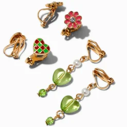 Boucles d'oreilles à clip cœur à carreaux roses - Lot de 3