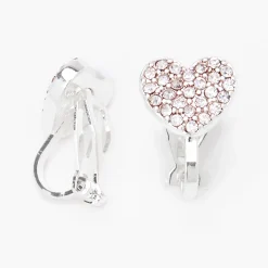 Boucles d'oreilles à clip cœur avec strass couleur argentée