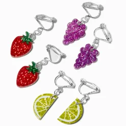 Boucles d'oreilles à clip fraise, citron et raisin - Lot de 3