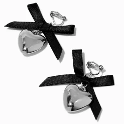 Boucles d'oreilles à clip cœur couleur argentée et noir motif nœud