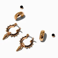 Boucles d'oreilles à pointes superposables avec strass noirs couleur dorée - Lot de 3