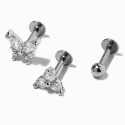 Boucles d'oreilles cartilage arrière plat zircon cubique papillon 1,2 mm en acier inoxydable couleur argentée - Lot de 3