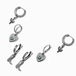 Boucles d'oreilles créoles superposables cowgirl couleur argentée - Lot de 3