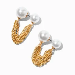 Boucles d'oreilles devant-derrière avec chaîne de connexion et perle d’imitation couleur dorée