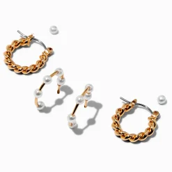Boucles d'oreilles empilables perle d'imitation torsadées couleur dorée - Lot de 3
