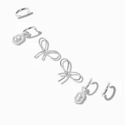 Boucles d'oreilles empilables perle d'imitation nœud noué couleur argentée - Lot de 3