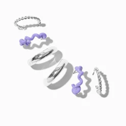 Boucles d'oreilles empilables anneaux violets et couleur argentée - Lot de 3