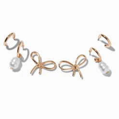 Boucles d'oreilles empilables perle d'imitation nœud noué couleur dorée - Lot de 3