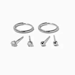 Boucles d'oreilles en zircon cubique en acier inoxydable couleur argentée - Lot de 3