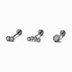 Boucles d'oreilles pour piercing de cartilage non filetées 1,0 mm strass courbé de tailles graduelles en titane - Lot de 3