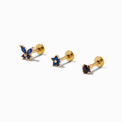 Boucles d'oreilles pour piercing au cartilage papillon et fleur 1,2 mm en acier inoxydable couleur dorée - Lot de 3