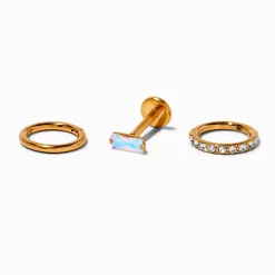 Boucles d'oreilles pour piercing tragus non filetées 1,0 mm en zircon cubique AB iridescent en titane couleur dorée - Lot de 3