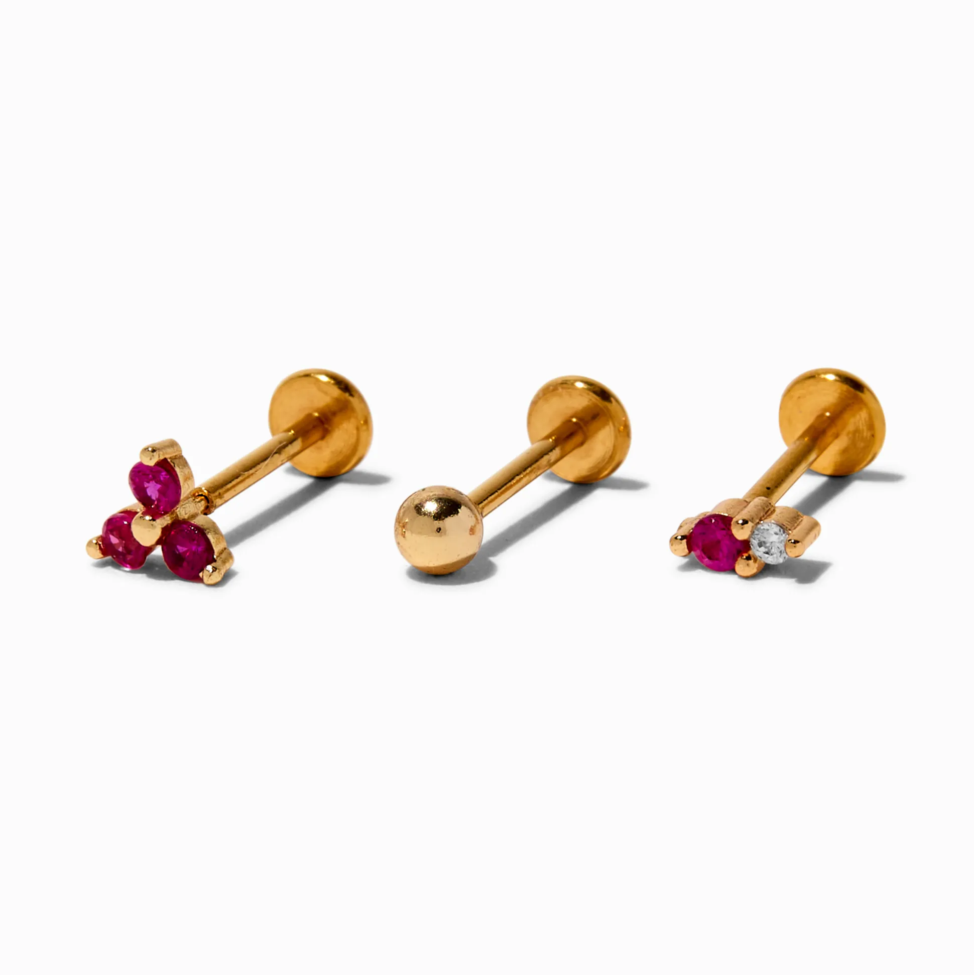 Boucles d'oreilles pour piercing tragus non filetées 1,0 mm fuchsia en acier inoxydable couleur dorée - Lot de 3