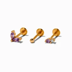 Boucles d'oreilles pour piercing tragus non filetées 1,0 mm violettes en acier inoxydable couleur dorée - Lot de 3