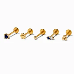 Boucles d'oreilles pour piercing hélix non filetées 1,2 mm saphir d'imitation aux designs variés en acier inoxydable couleur dorée - Lot de 5