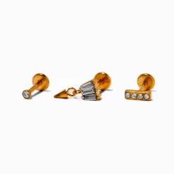 Boucles d'oreilles pour piercing de cartilage non filetées 1,0 mm en strass et titane couleur dorée - Lot de 3