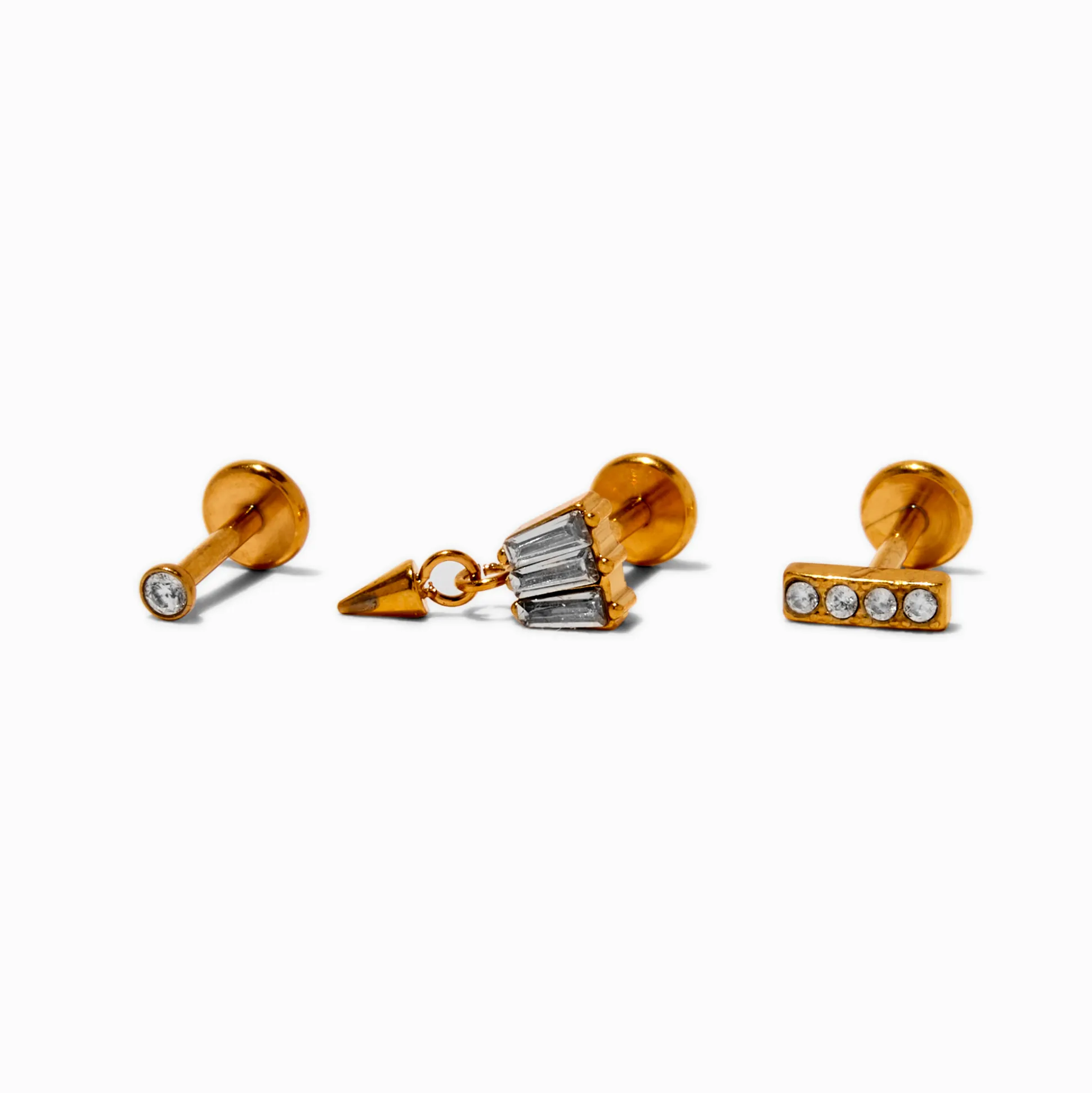 Boucles d'oreilles pour piercing de cartilage non filetées 1,0 mm en strass et titane couleur dorée - Lot de 3
