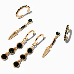 Boucles d'oreilles superposables couleur dorée avec strass couleur vert émeraude - Lot de 3