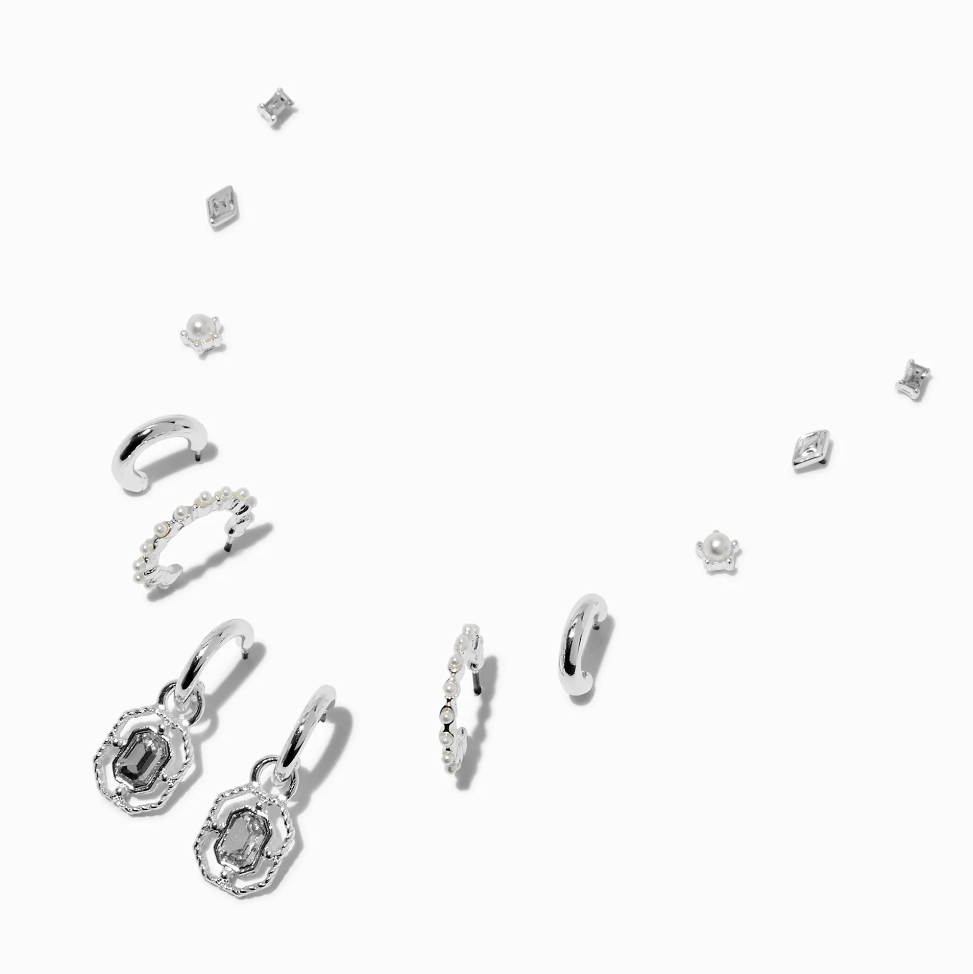 Boucles d'oreilles superposables strass perle d'imitation couleur argentée - Lot de 6