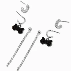 Boucles d'oreilles superposables chaîne de strass nœud noir couleur argentée - Lot de 3