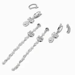 Boucles d'oreilles superposables perle d'imitation nœud couleur argentée - Lot de 3