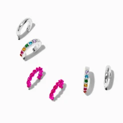 Boucles d'oreilles superposables anneaux tubulaires couleur argentée - Lot de 3