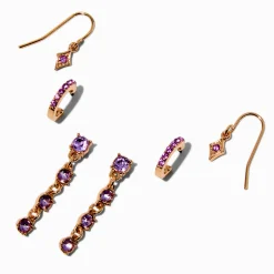 Boucles d'oreilles superposables en strass violets couleur dorée - Lot de 3