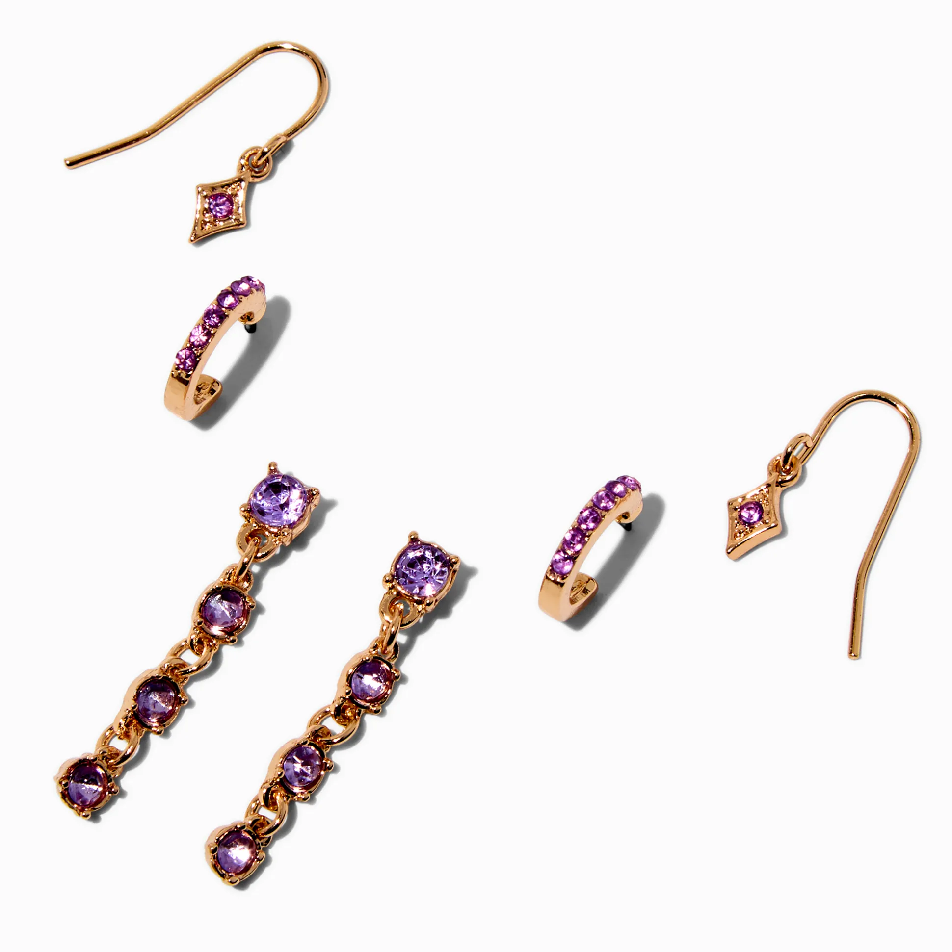 Boucles d'oreilles superposables en strass violets couleur dorée - Lot de 3
