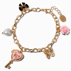 Bracelet à breloques médaillon clé cœur papillon couleur dorée