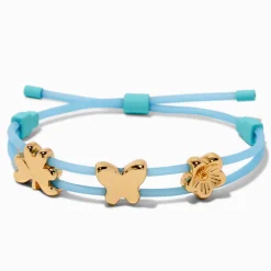 Bracelet bolo bleu avec breloque trèfle, papillon et fleur couleur dorée