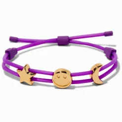 Bracelet bolo violet breloque étoile, visage souriant et lune couleur dorée