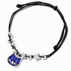 Bracelet en cordon noir étoiles et chat d’humeur bleus