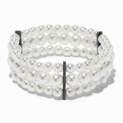 Bracelet élastique couleur hématite et perles d'imitation à trois rangs