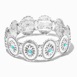 Bracelet élastique médaillon à fleurs turquoise d'imitation en filigrane rond couleur argentée