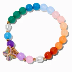 Bracelet élastique perlé arc-en-ciel breloque papillon