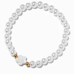 Bracelet élastique perlé couleur argentée et fleurs blanches