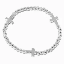 Bracelet élastique perlé croix couleur argentée