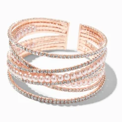 Bracelet manchette avec perles d’imitation et strass couleur doré rose