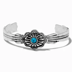 Bracelet manchette médaillon couleur turquoise couleur argentée