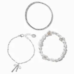 Bracelets de chaîne en strass avec nœud perle d'imitation couleur argentée - Lot de 3