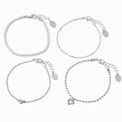 Bracelets de chaîne perle d'imitation et cœur couleur argentée - Lot de 4