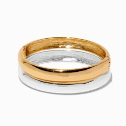 Bracelets fins bangle double superposition en métaux mixtes - Lot de 2