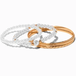 Bracelets fins bangle texturés couleur dorée et cœur perle d'imitation - Lot de 5