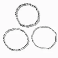 Bracelets élastiques boule de tailles graduelles en acier inoxydable couleur argentée - Lot de 3